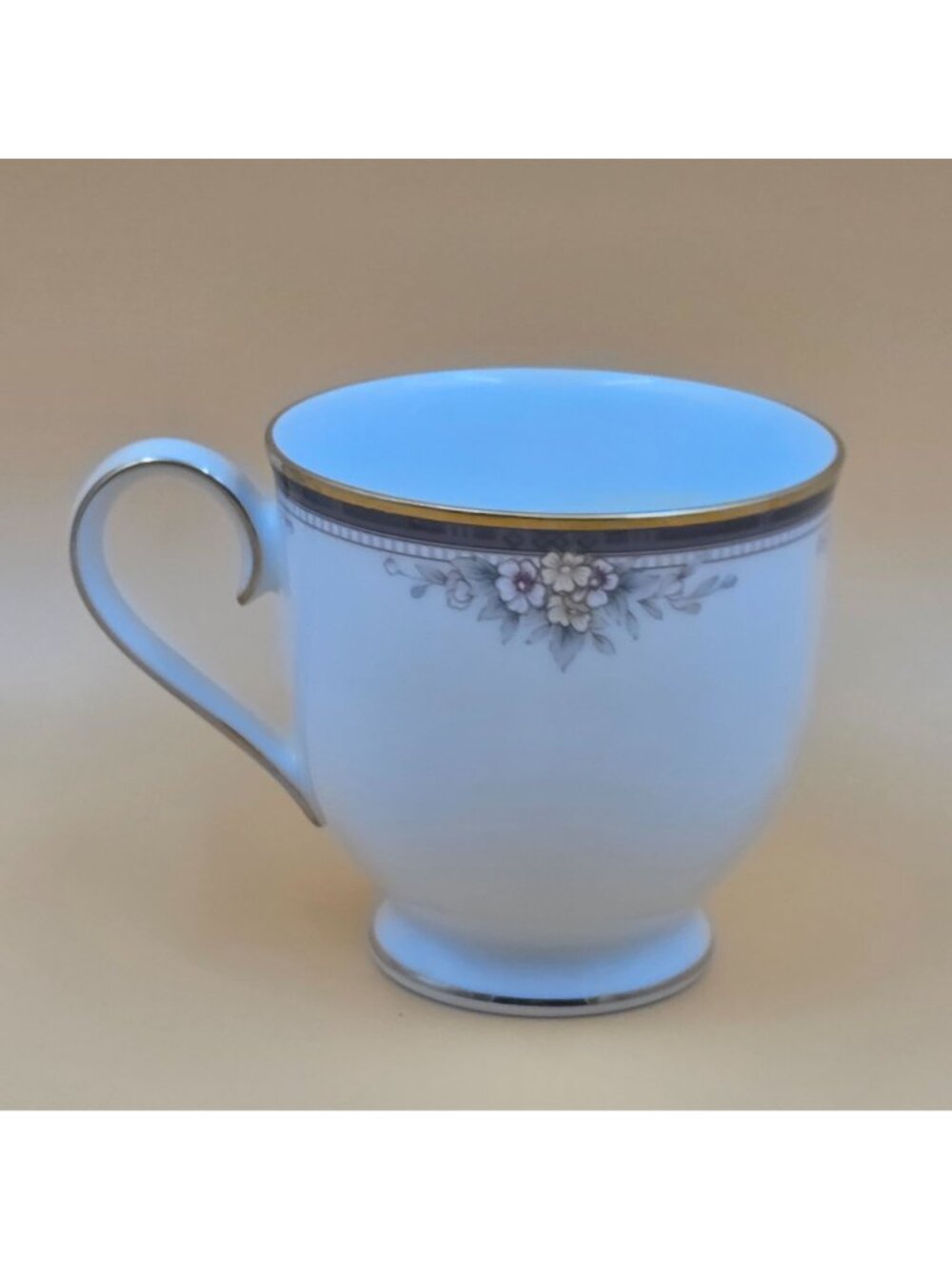 Noritake Ontario Set of 4 Footed Cup and Saucer Blue Gray Band White Pink Flower - Picture 9 of 16